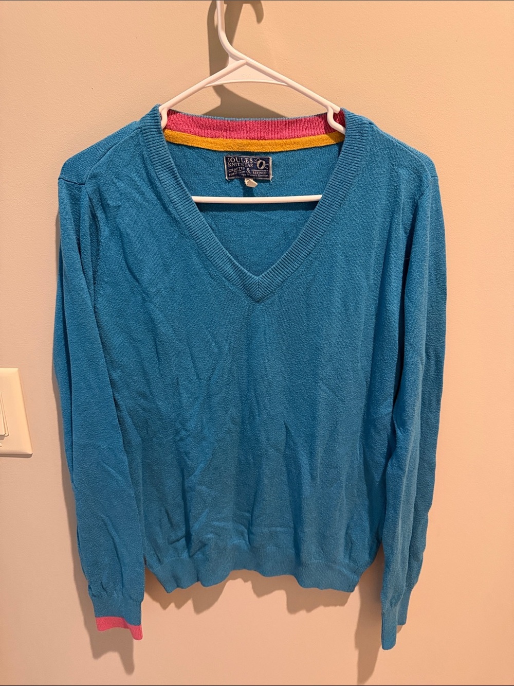 Joules Women's Bright Teal V-Neck Sweater with Pink and Yellow Trim